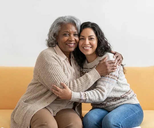 Older woman and younger woman hugging warmly on a couch